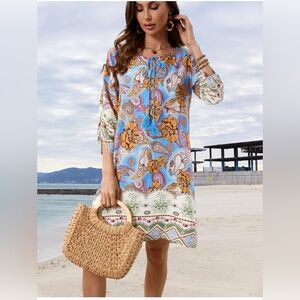 NWT Hotouch casual beach summer dress boho tassel tie neck 3/4 sleeve